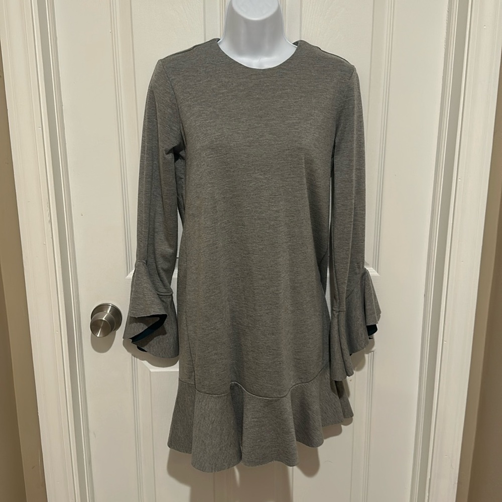 Gorgeous gray dress with bell detail on sleeves and ruffle hem. Size S.